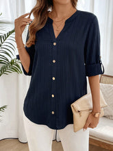 EMERY ROSE Women's Solid Color V Neck Roll Cuff Loose Casual Shirt, Autumn
